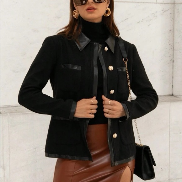 Black collared leather trim button front blazer jacket - Picture 2 of 4